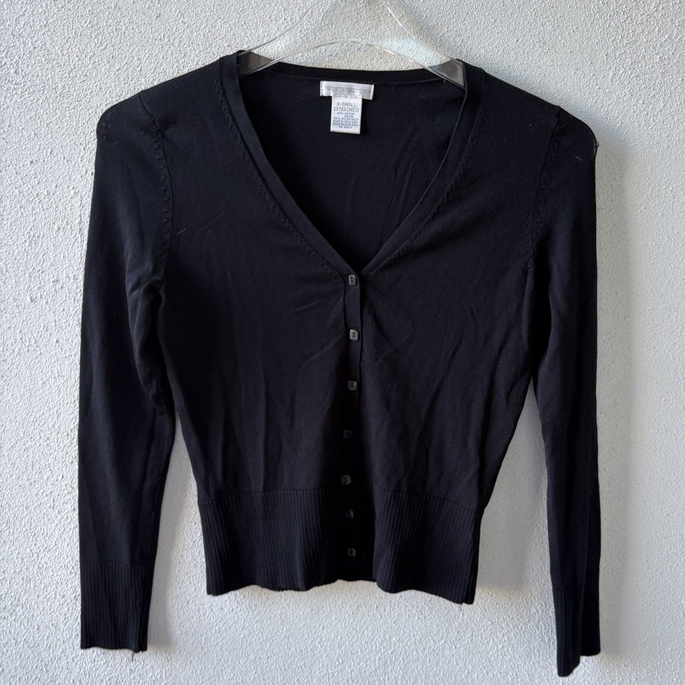 Worthington XS Black Button V Neck Basic Lightweight Sweater Ribbed‎ Goth Office